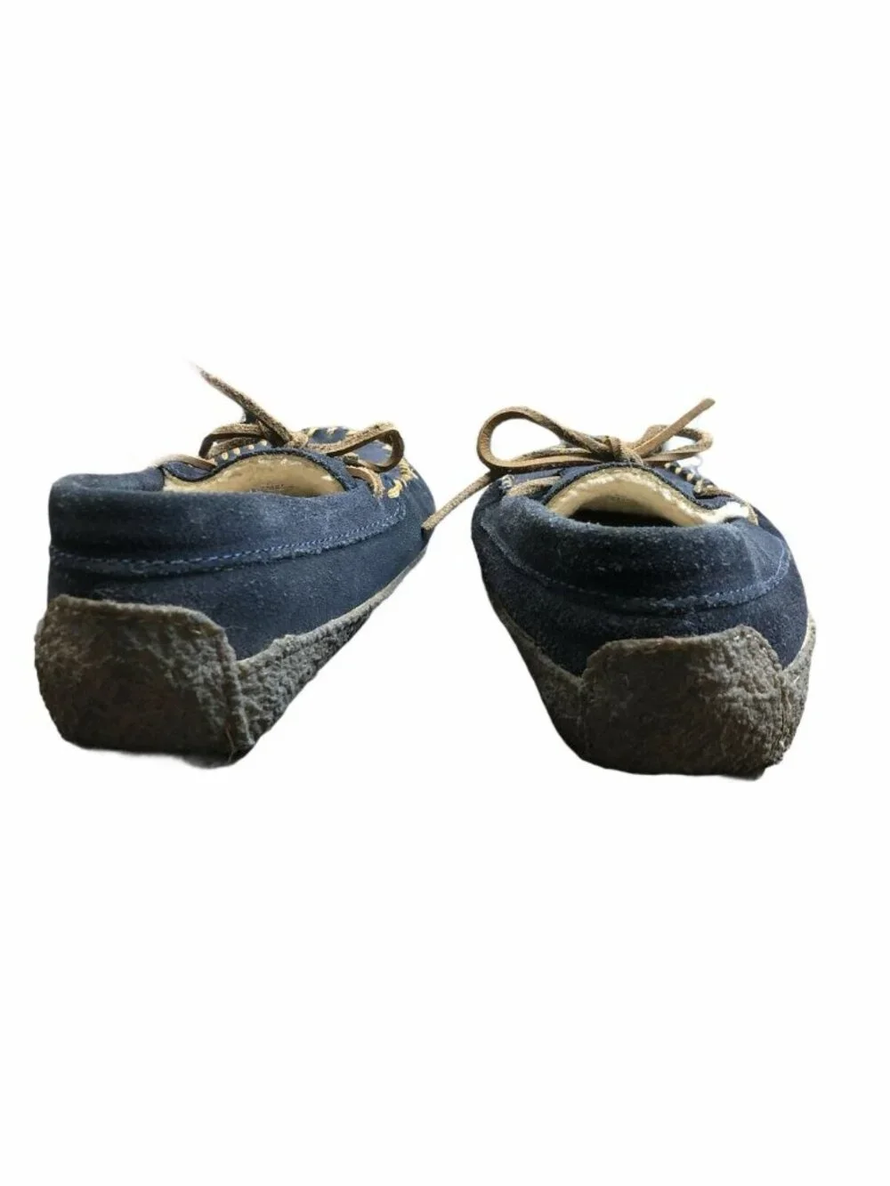 Lands End Moccasin Slippers Boys 2M Tan Navy Blue Suede Leather Faux Fur Lining
